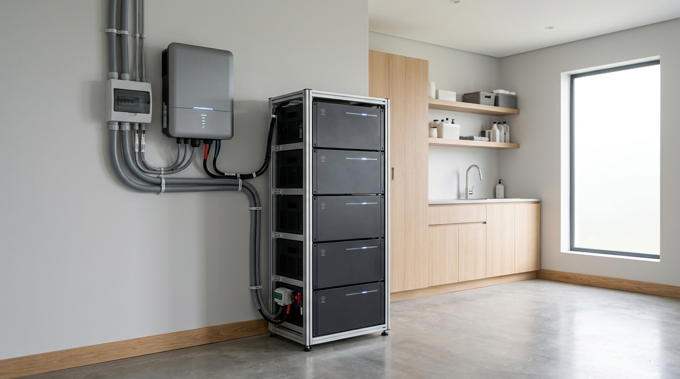 Modulärt batteristativ med litiumjärnfosfatbatterier i ett snyggt teknikrum