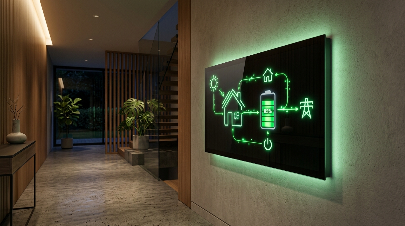 Snygg digital display monterad på vägg som visar grön energistyrning och batteristatus